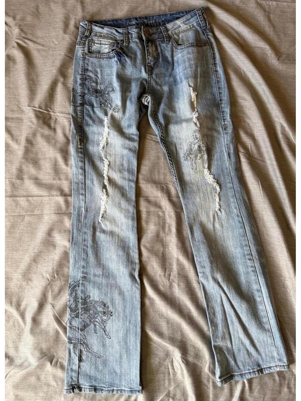 Cowgirl Tuff Rodeo Black Womens Bootcut Jeans 29x35 Light Wash Distressed Horse